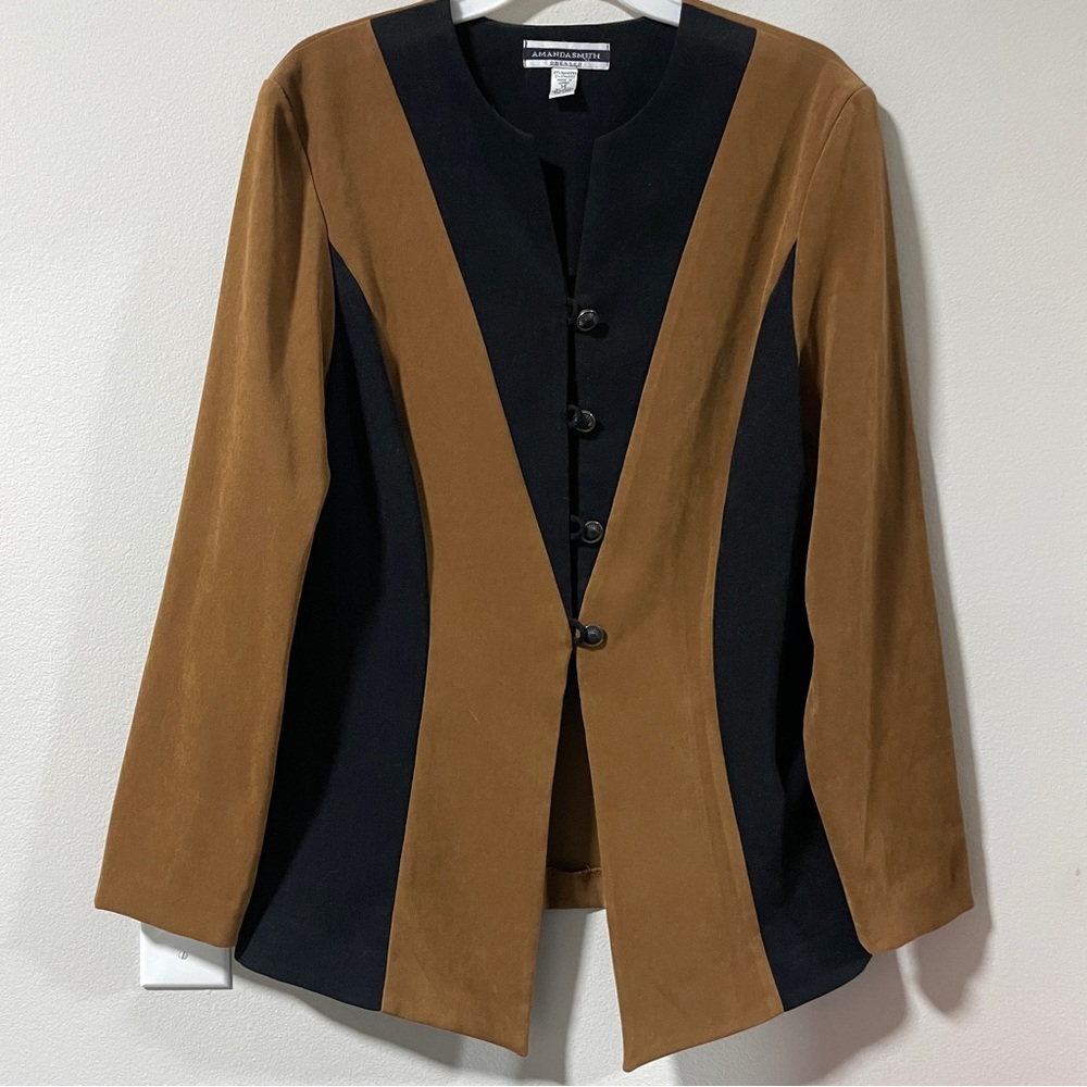 VINTAGE Amanda Smith Blazer Jacket 14 • Black Brown Color-block Buttoned Career